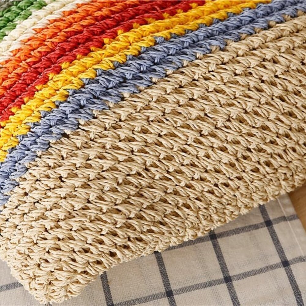 Rainbow Straw Bag for Women Beach Tote Handbag Large Capacity Summer Accessory - Picture 4 of 7
